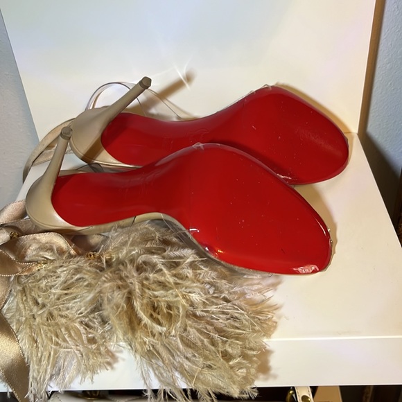 Louboutin Marie Edwina 100 Nude stilettos ribbon ostrich feathers pvc naked  1 - Picture 3 of 14